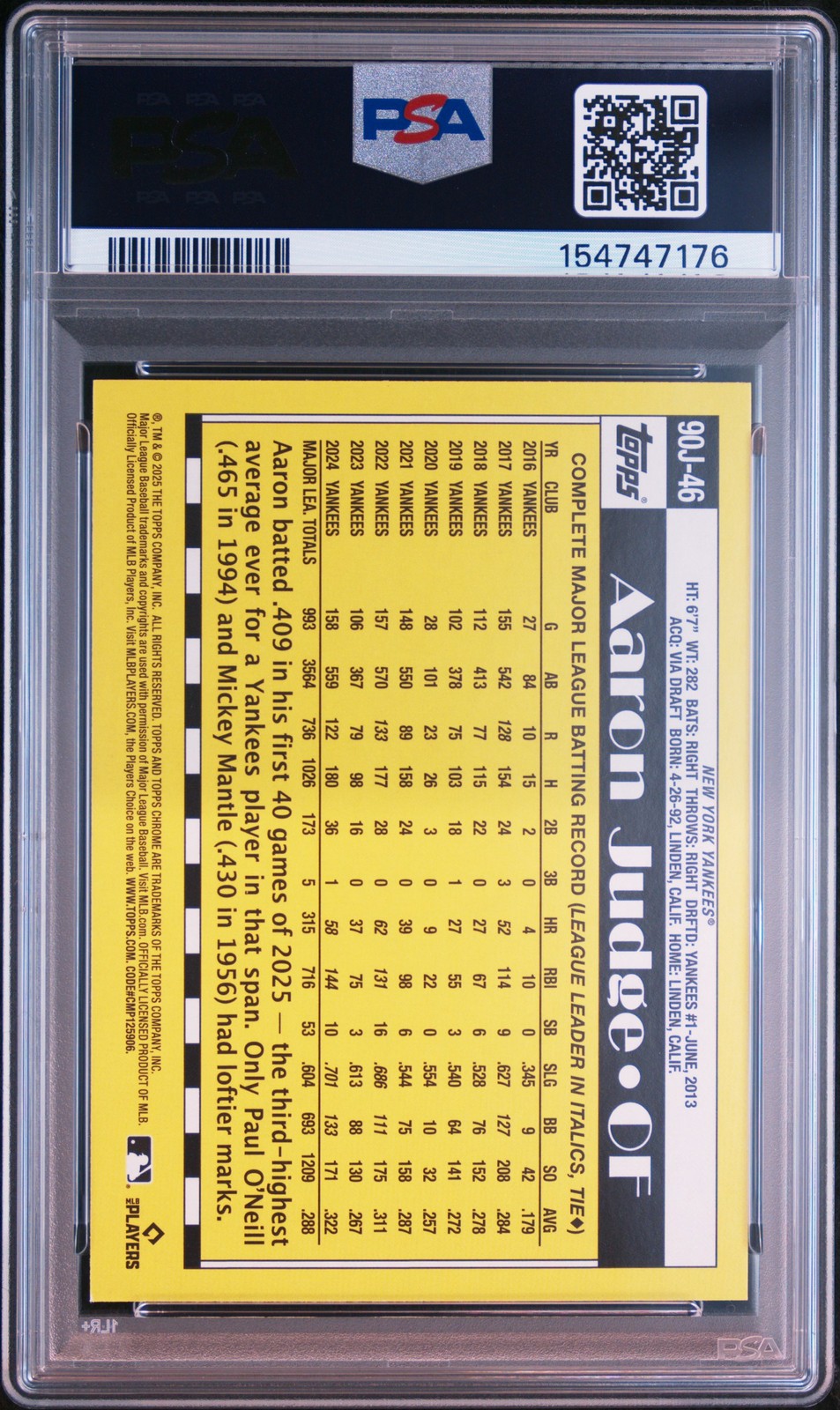 2025 TOPPS UPDATE 1990 JAPAN BASEBALL #46 AARON JUDGE PSA 10 view 2