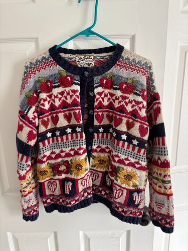L Heirloom Collectibles Cardigan Sweater Vintage Hearts Sunflowers Apples Stars