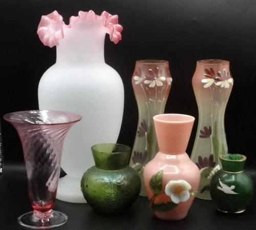 7PC Pink Steuben / Bohemian Harrach Applied Iridescent Enameled Glass Vase Lot