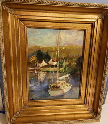 Vintage sailboat  painting  ,impressionism gold gilt frame, signed initials l.r.