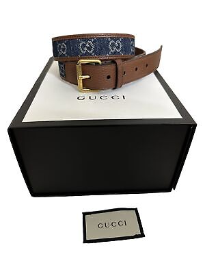 Gucci GG denim Monogram brown leather squire buckle belt Gucci GG denim Monogram brown leather squire buckle belt