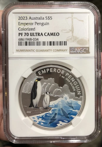 2023 Australia $5 Emperor Penguin Colorized Proof 1 oz Silver Coin - NGC PF 70