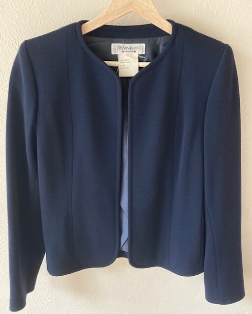 GIACCA BLAZER APERTA VINTAGE TAGLIA 38 YVES SAINT LAURENT RIVE GAUCHE LANA BLU NAVY