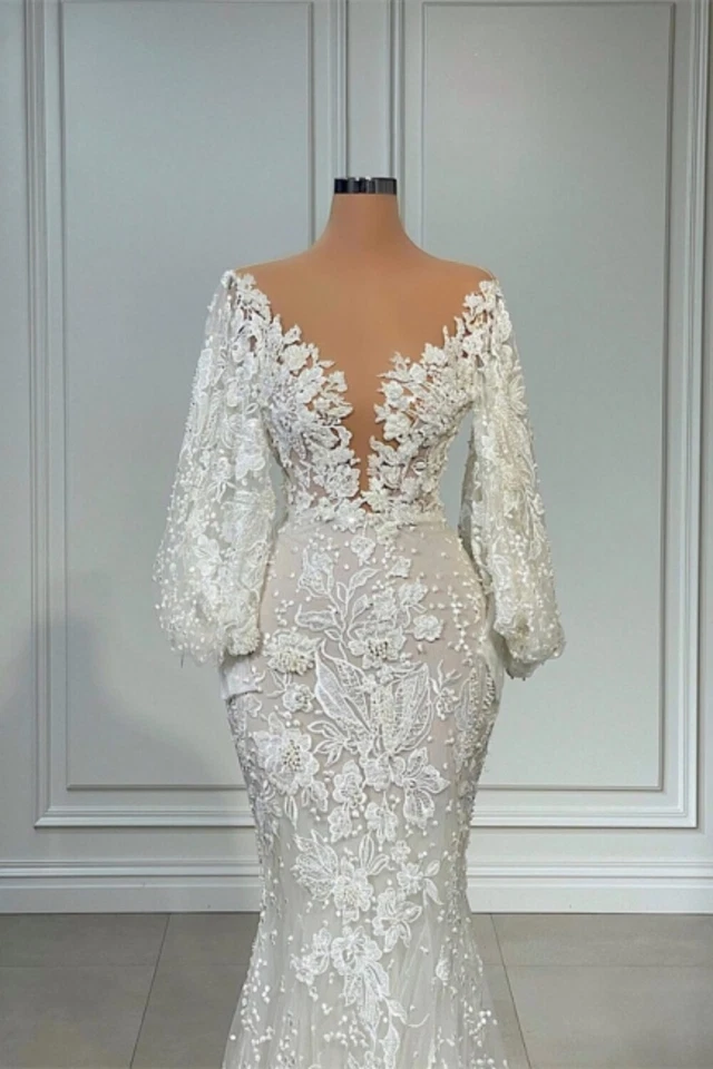 Elegant Mermaid Wedding Dresses V-Neck Puffy Sleeves Lace Applique Bridal Gowns - Image 3 of 4
