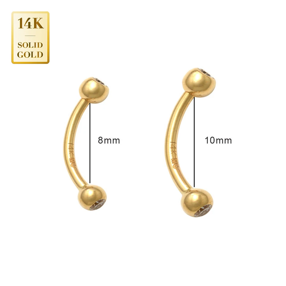 14K Solid Gold Curved Barbell Eyebrow Tongue Nipple Rings Bar Ear Piercing  16G - Image 2 of 4