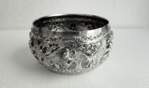 Antique 900 Silver Burma Myanmar Siam Thai Alms Beggar Bowl Repousse Signed - Picture 2 of 9