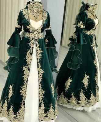 Vintage Hunter Green Evening Dresses Flare Long Sleeves Velvet Formal Party  Gown | eBay
