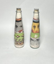 2 Vintage Sand Art Glass Bottle Colorful Southwest Birds Palm Trees Houses 9.5  