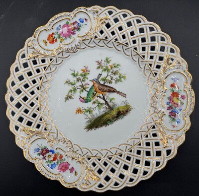 Meissen Gilt Floral & Bird Decor Porcelain Open Lace Plate