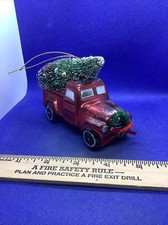 Red Pickup Truck with Tree Christmas Holiday Ornament