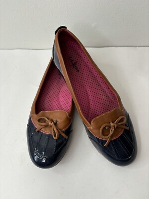 ll bean shoes Woman s 9M Black Vinyl Shinny Slip On's Pink Polka Dot Linning