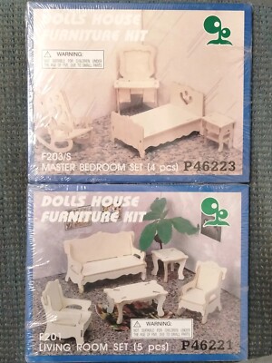 2 Miniature Dollhouse Furniture Kits Master Bedroom Living Room 9 Pieces Bed NOS