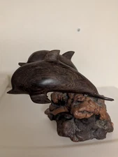 Adorable Wood Double Dolphin Sculpture Wood Carved Figurine. 12" high