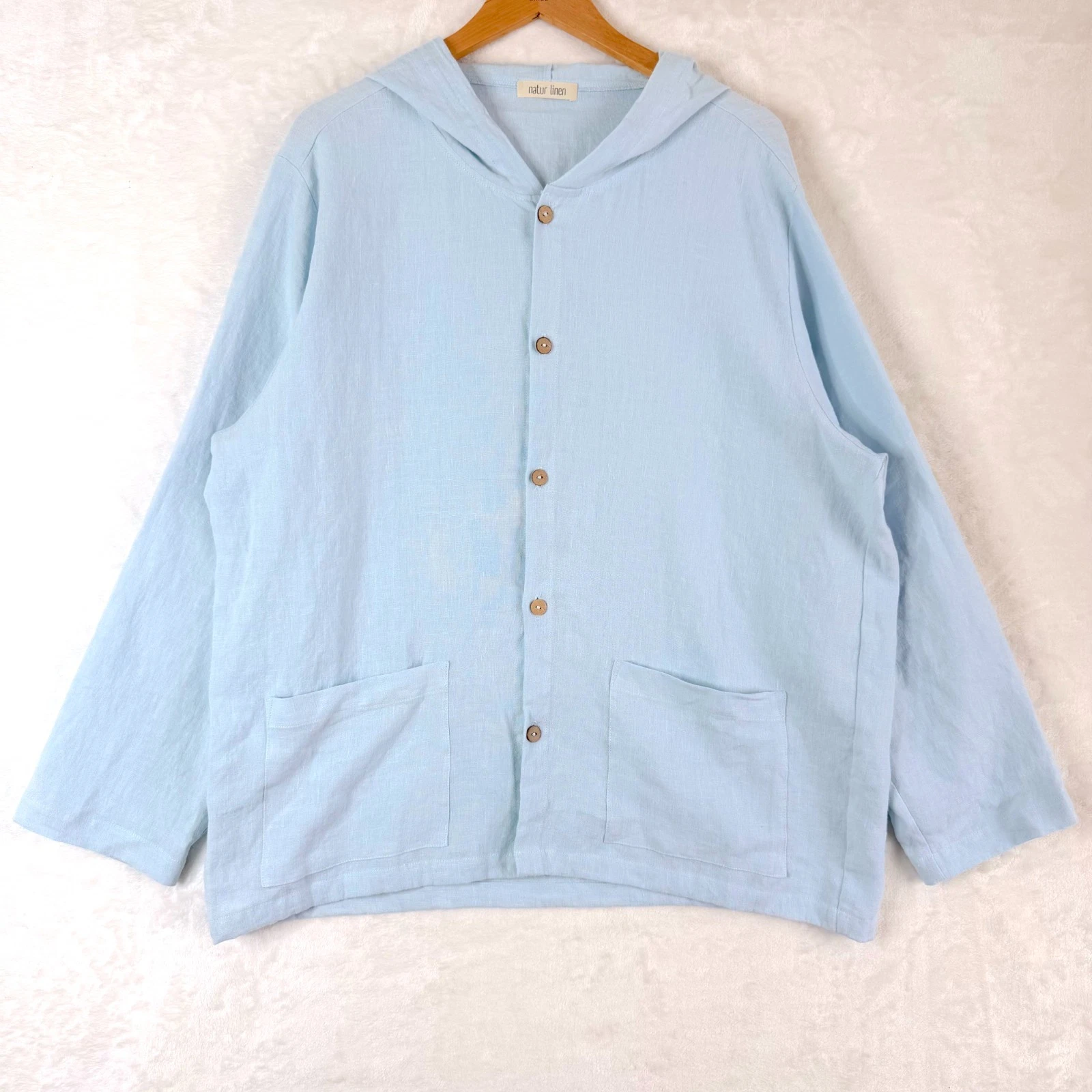 NATUR LINEN Spain Resort Coastal Tropical Hooded Button Front Shirt Mens XL Blue