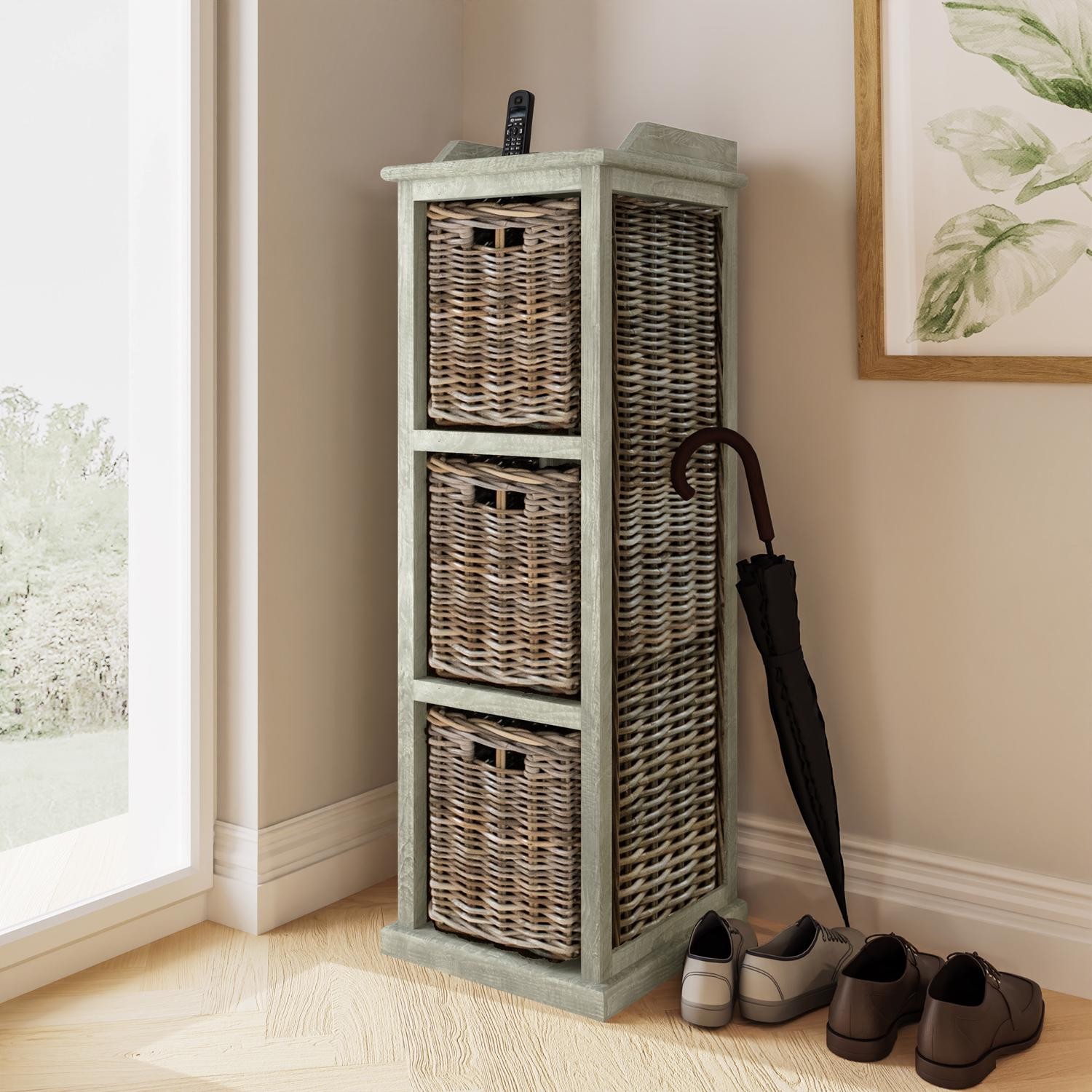 FWStyle Ready Assembled 3 Drawer Storage Unit Tall Solid Greywash Pine
