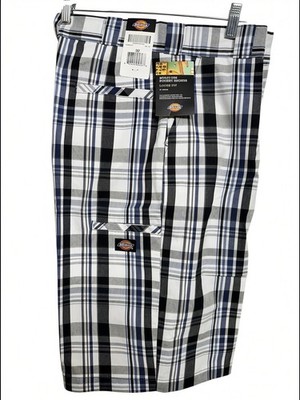 dickies mens loose fit royal blue black plaid side pocket work