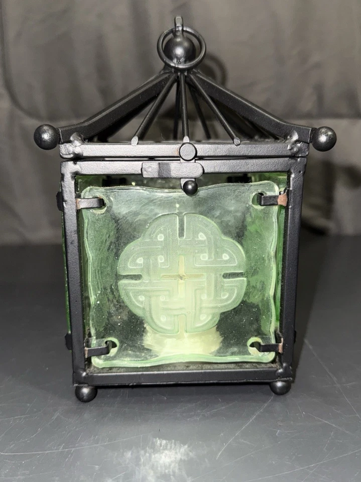 Linterna colgante china asiática Partylite metal negro vidrio verde 8" Foto 3 de 4