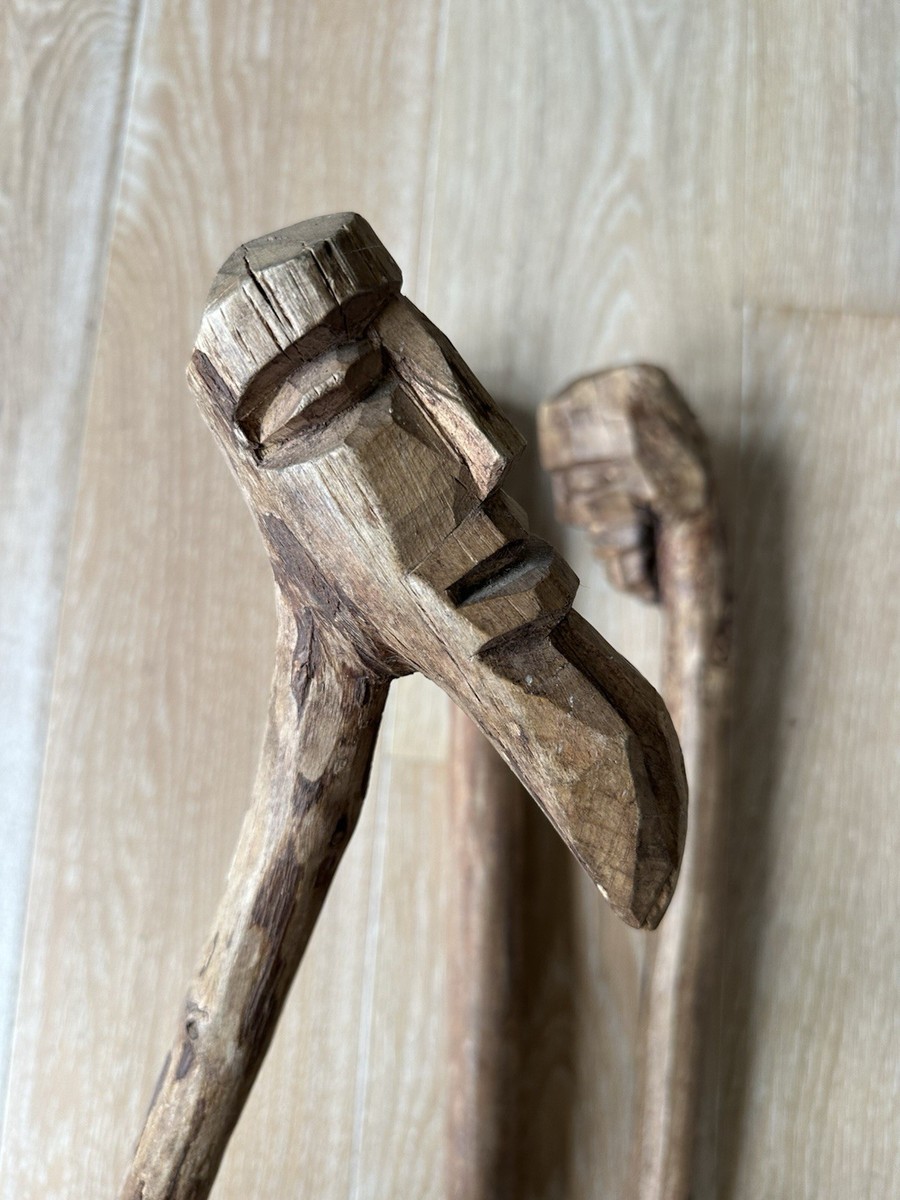 Lot Of 3 Hand Carved Folk Art Bearded Man Face Walking Canes, American