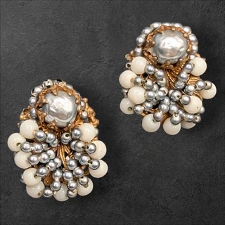 Vintage MIRIAM HASKELL Signed Faux Baroque Small Pearl Beaded Clip On Earrings