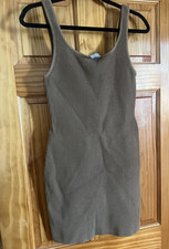 Babaton Sculpt Knit Square Neck Bodycon Dress Sleeveless Brown Size M