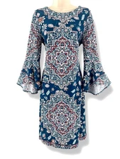 Shelby & Palmer Textured Stretch Printed Shift Dress Bell Sleeves Size 12 Office