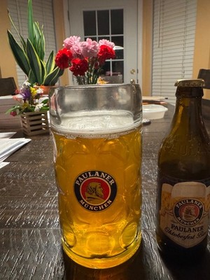PAULANER MUNCHEN 1 Liter Dimpled German Munich Beer Stein Glass Mug Oktoberfest