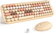 KNOWSQT Wireless Keyboard and Mouse Combo, Light Milktea 100 Keys 2.4 GHz Round