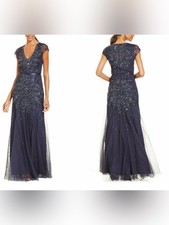 Adrianna Papell Women?s Midnight Beaded Cap Sleeve Formal Evening Gown Dress 14W