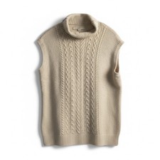 LOFT XS Sleeveless Cable Knit Sweater Tunic Oatmeal Beige Cowl Turtleneck