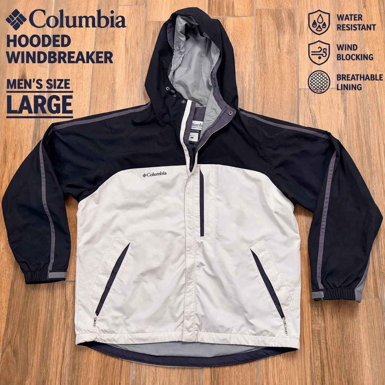 Columbia Hooded Windbreaker Jacket Men L Black Gray Lightweight Coat