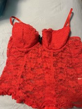 Women  s XL Red Lace Bustier Corset Top Sheer Lingerie Hook Front NWOT