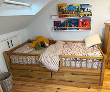 Children’s Montessori Wooden Single Bed Frame with Safety Rails & 2 Drawers
