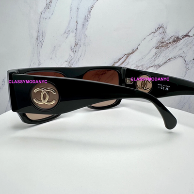 New CHANEL Sunglasses Black Frame Square Shield Gold CC CH5549