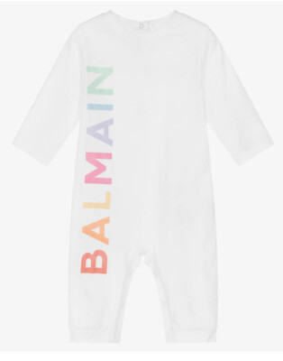 NEW Balmain Baby Girl 12m White Logo Designer Romper Baby grow Gift $276