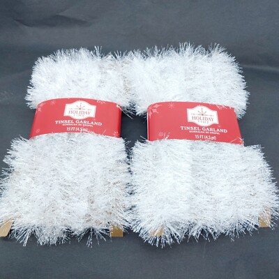 Holiday Time Tinsel Garland Frosted White Clear 15 Ft each or 30 ft Total Qty 2