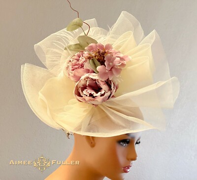 Kentucky Derby Hat Bridal Cream Easter Fascinator Mauve Pink Peony Flowers Ascot
