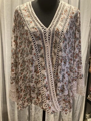 Democracy Boho Peasant Floral Crochet Embroidered Lace Trim Women's Blouse Sz M - Image 1 of 4