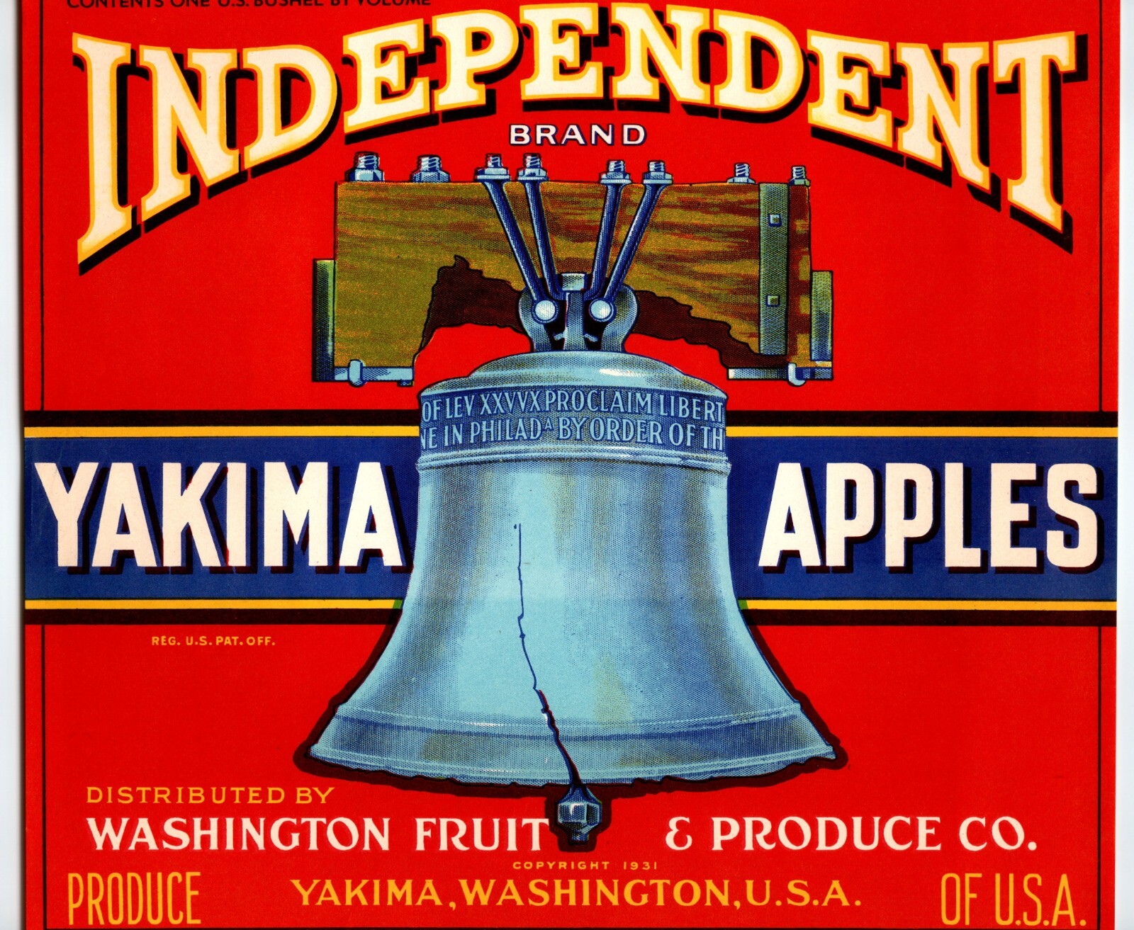 Independent Apples Crate Label Liberty Bell 1940s Vintage Original Yakima Wash