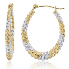 1 " Ovale Diamant Coupe Entortillé Boucle Oreilles Vrai 14K Jaune Blanc Bicolore