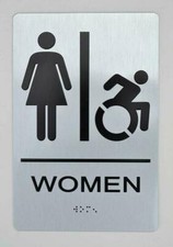 WOMEN ACCESSIBLE RESTROOM SIGN With Braille and Raised Letters Silver ,size 6x9 