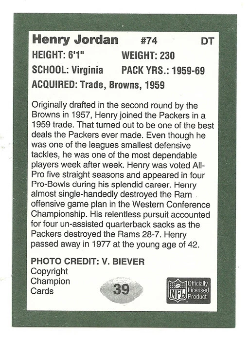 Henry Jordan 1991 Super Bowl II 25th Anniversary Green Bay Packers Virginia #39 - Image 2 of 2