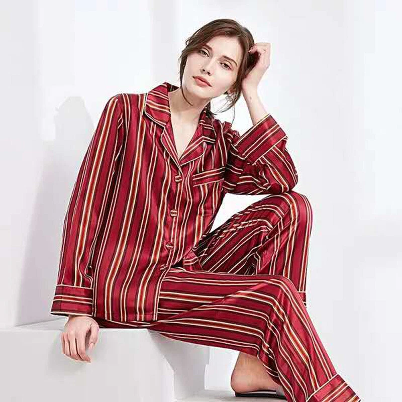 Women's 19MM 100% Pure Mulberry Silk Pajamas Set Striped Print Silk  Sleepwear