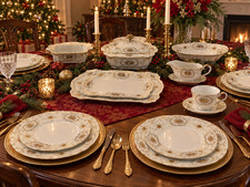Adline Coronet 65 Pc China Dinnerware Set Gold Floral Scroll Serving Pieces