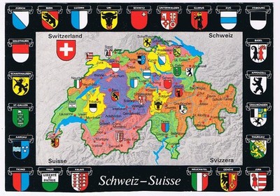 Postcard Switzerland Map Counties Black Border