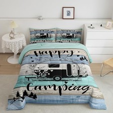 Happy Camping Decor Bedding Set,Kids Boys Girls Size Camping Twin Blue Cyan