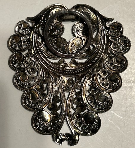 VINTAGE FAUX CUT STEEL DRESS / SCARF CLIP RICH DARK SILVER METAL SASA FASA MARK - Foto 2 di 4