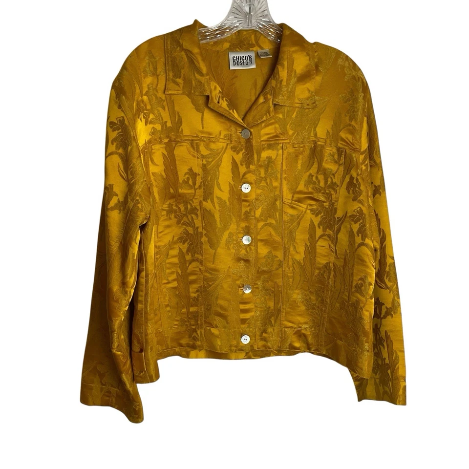 Chicos Silk Blend Jacket Womens 2/M Saffron Gold Floral Brocade Button Up Artsy - Image 2 of 4