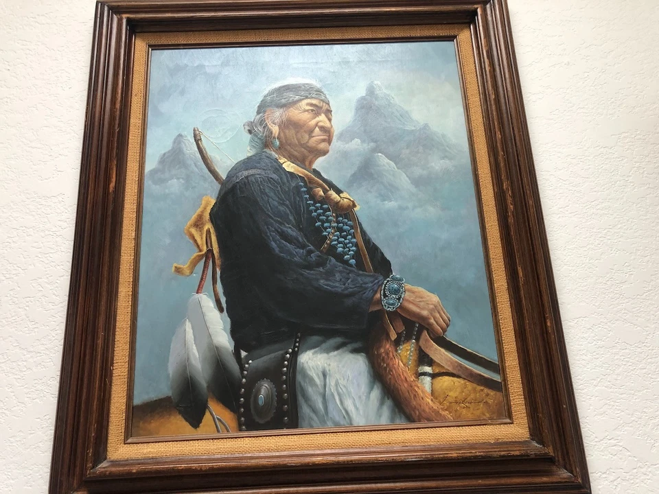 Pintura Original Enmarcada al Óleo Firmada por Z. García Jefe Nativo Americano a Caballo Foto 4 de 4