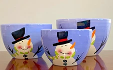 Christmas Stoneware Deep Nesting Serving Bowls  3 Winter Snowman -Sm / Med / Lg