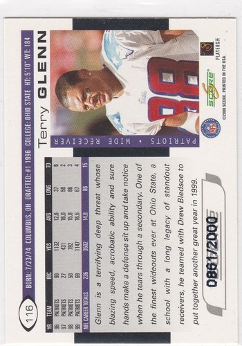 2000 Score Scorecard 0861/2000 Terry Glenn #116.....EX-NM - Picture 2 of 2